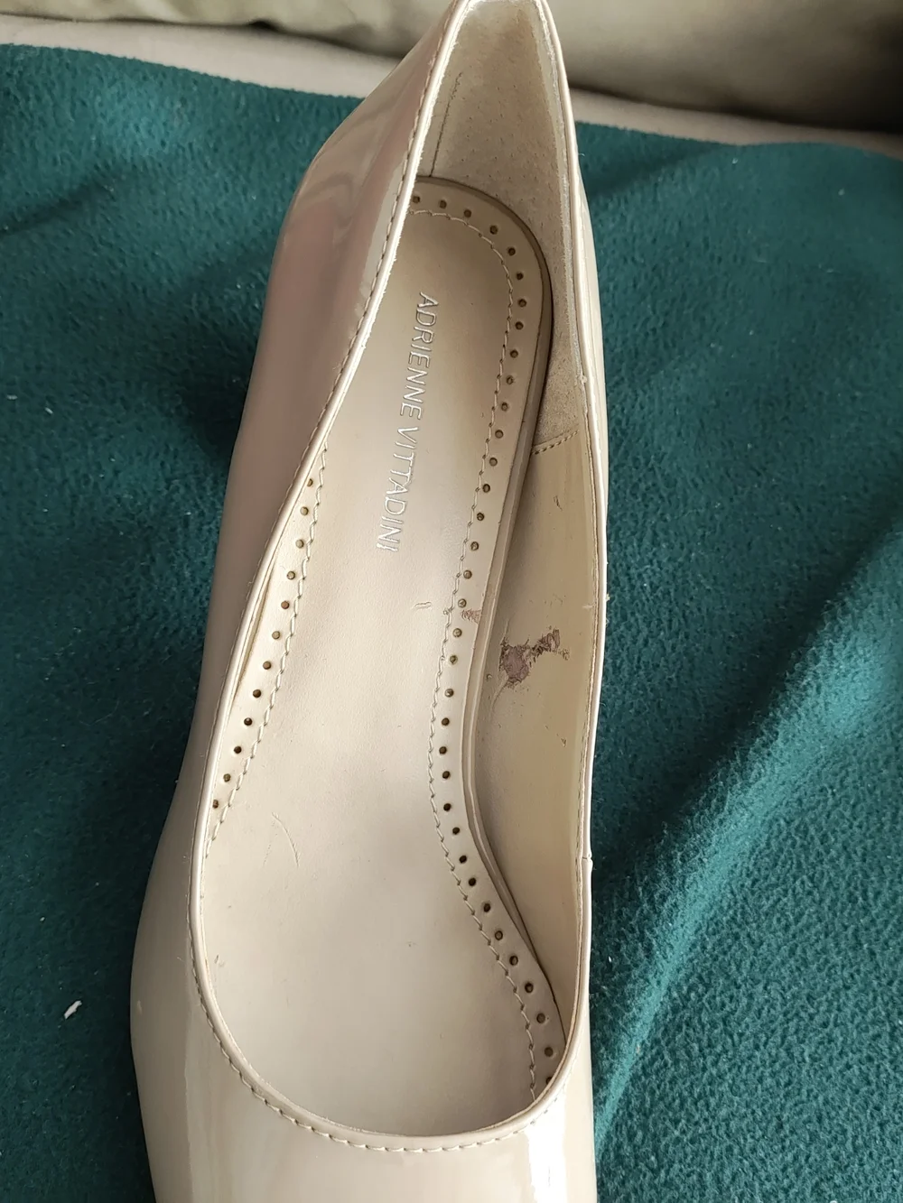 Adrienne Vittadini Patent Leather Round-Toe in Light Beige Block Pumps